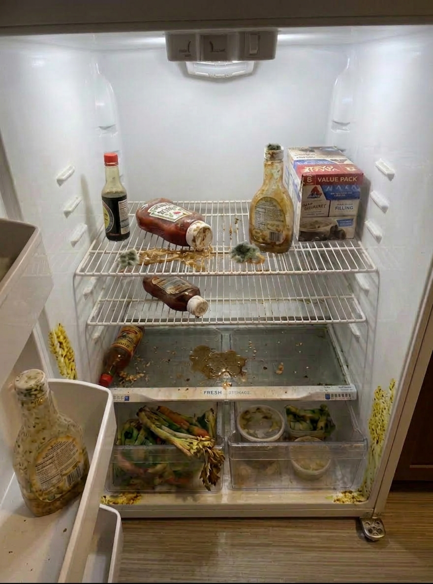 Dirty refrigerator interior with spoiled food, mold, and spills before cleaning
