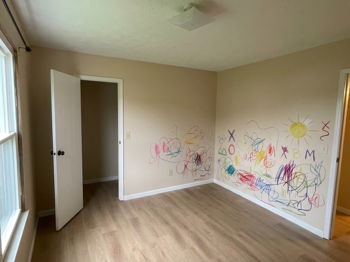 Child's bedroom with crayon scribbles all over the walls before cleaning