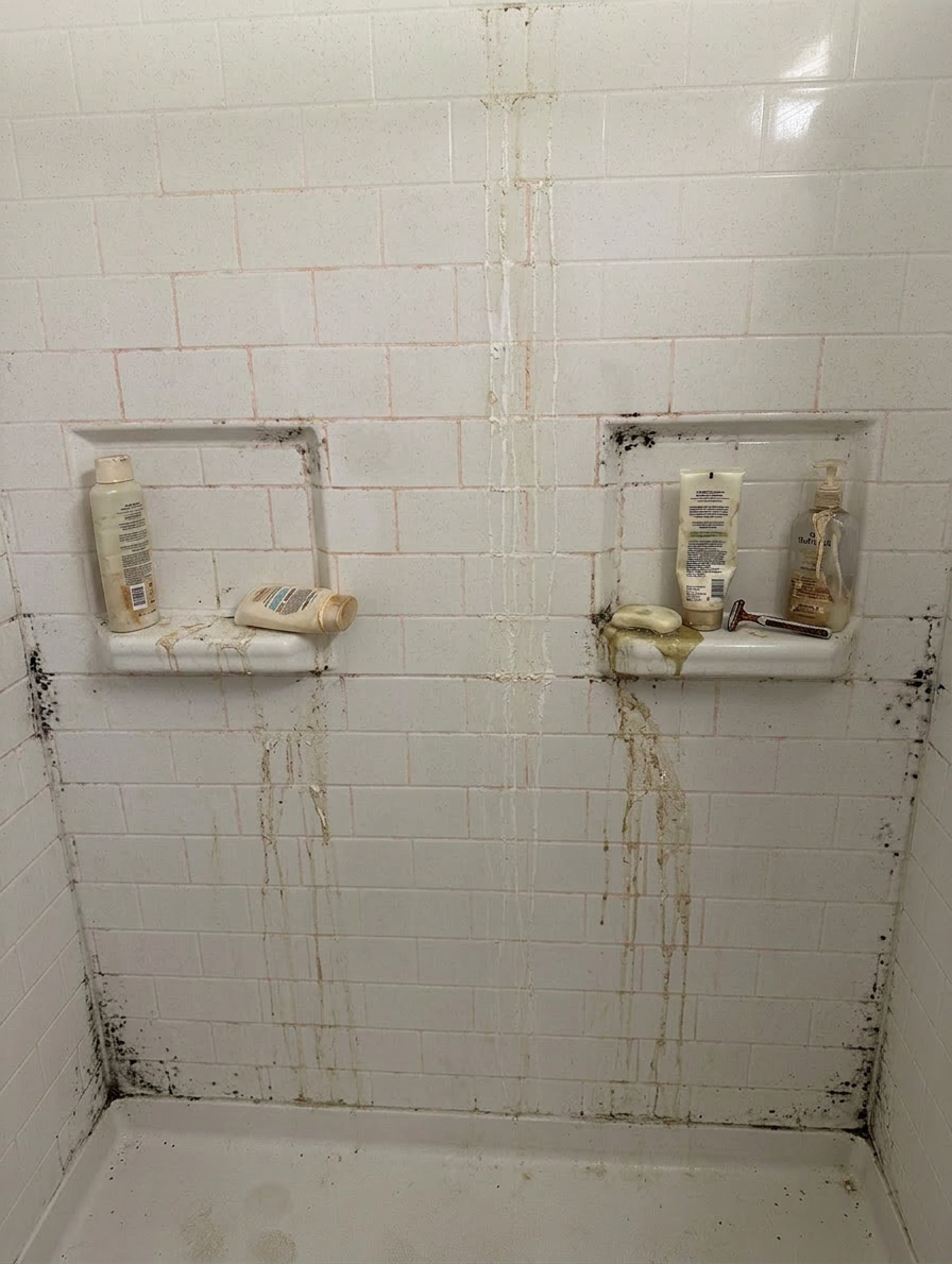 Shower walls covered in black mold, mildew, and soap scum stains before cleaning