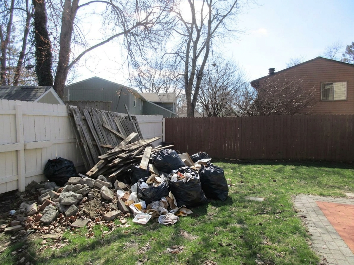 Backyard with piles of old lumber, debris, and trash bags before cleanup